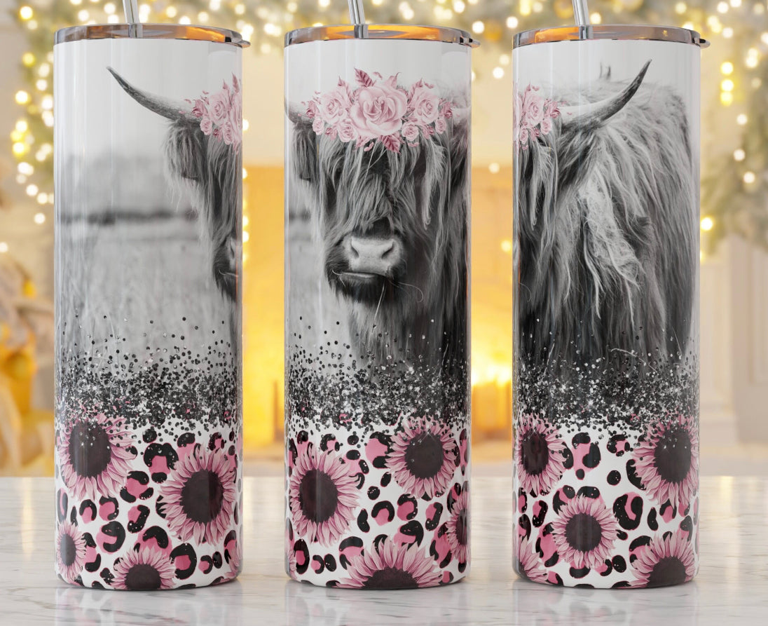 Highland Cow Pink Sunflower Tumbler